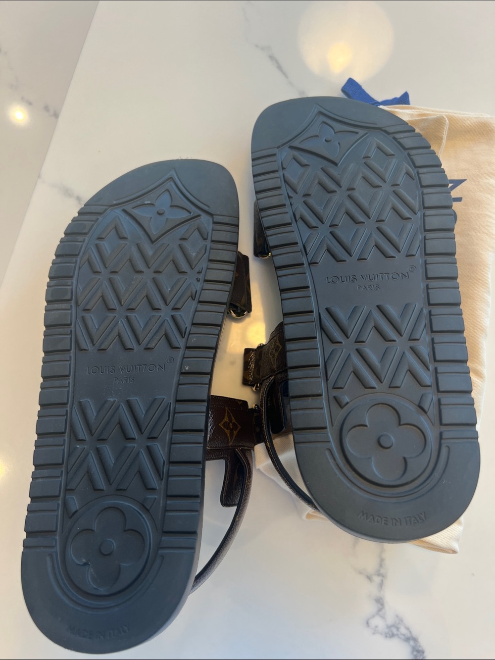 Louis Vuitton Brown Monogram & Black Leather Logo Buckle Sandals - Picture 2 of 3